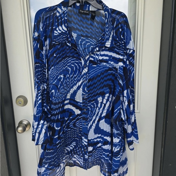 Maggie Barnes Pleated Tunic Shirt 5x Plus BlueBlack Button Up Long Sleeve Strect - Picture 4 of 12